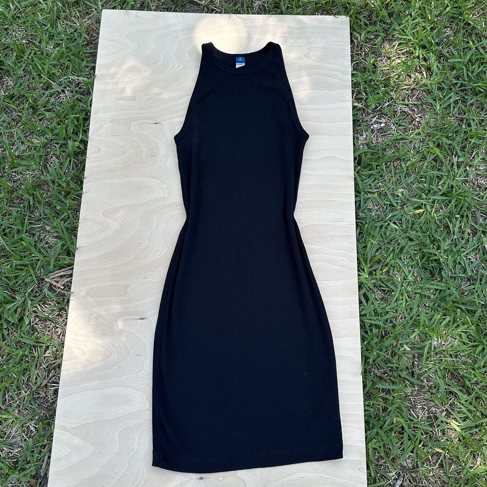 Old Navy Black Cotton Ribbed Fitted Tank Dress Size M Knee Length Stretch Casual